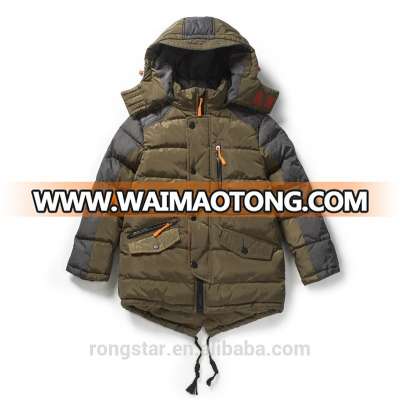 Long design boys 100% nylon rip-stop padding jackets with hood Contrast color